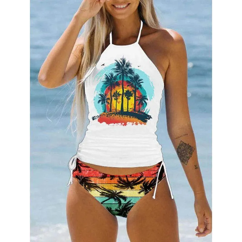 Women's Bathing Suit Drawstring Side Halter Neck Tankini