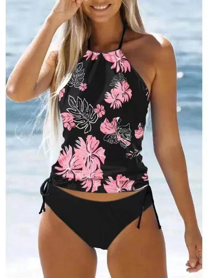 Women's Bathing Suit Drawstring Side Halter Neck Tankini