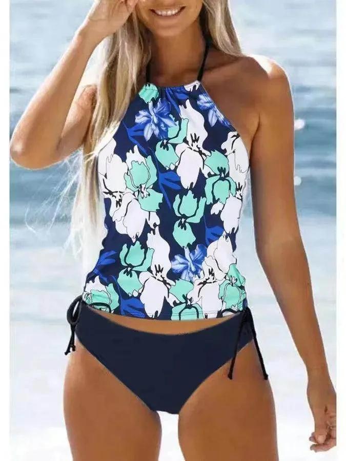 Women's Bathing Suit Drawstring Side Halter Neck Tankini