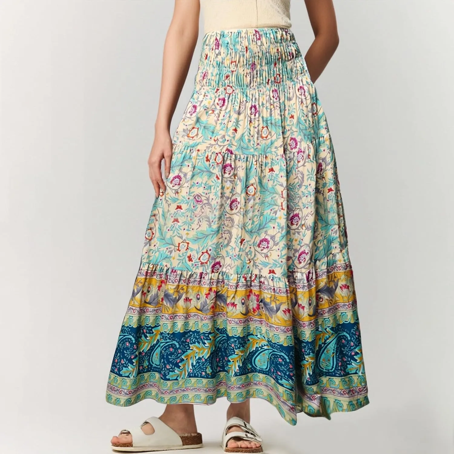 Womens Boho Maxi Skirt Summer Floral Print Flowy Long Skirts Trendy Smocked High Waisted Tiered Maxi Skirts