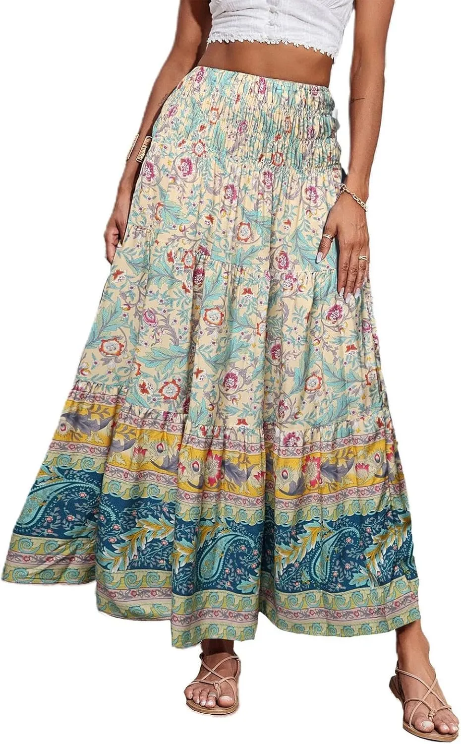 Womens Boho Maxi Skirt Summer Floral Print Flowy Long Skirts Trendy Smocked High Waisted Tiered Maxi Skirts