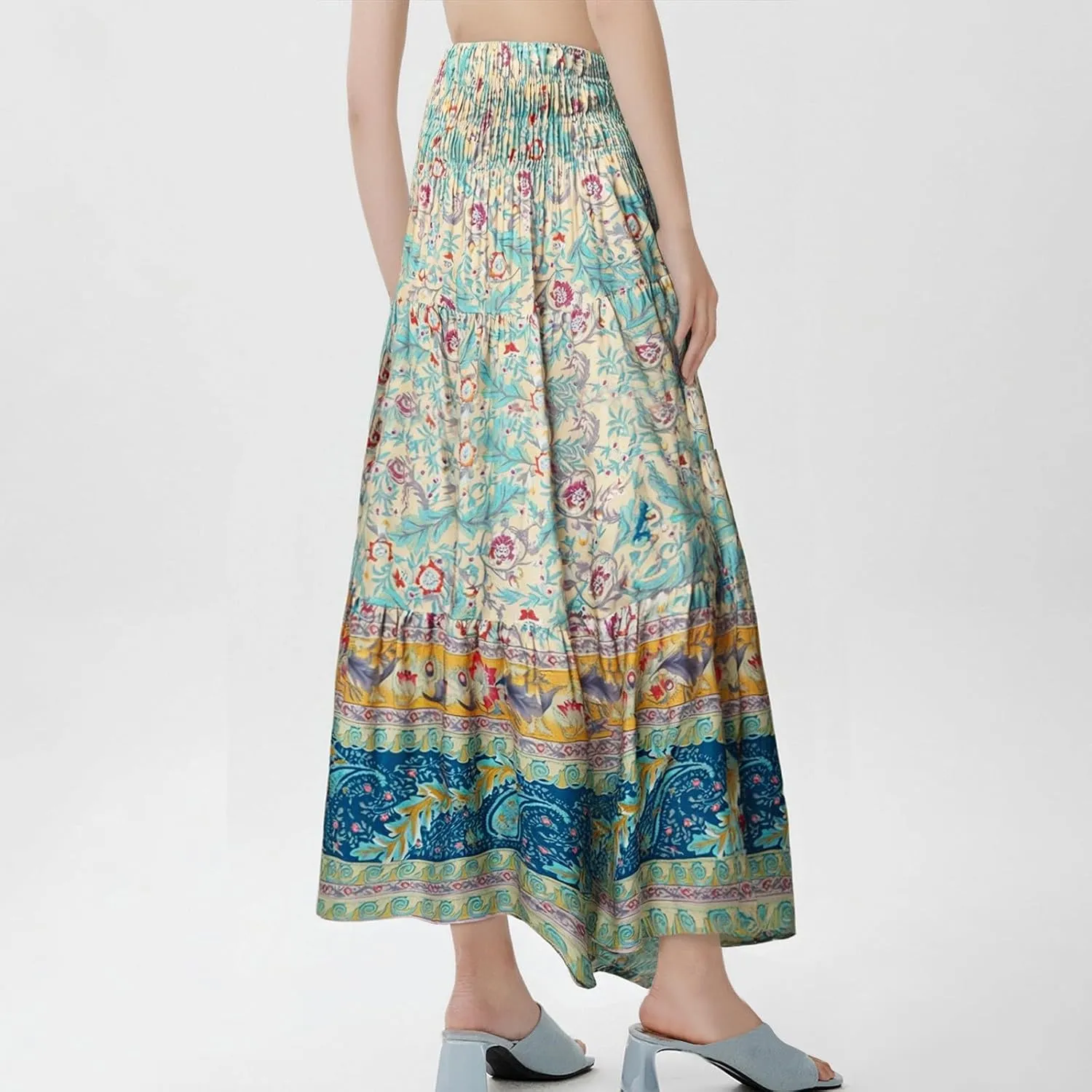 Womens Boho Maxi Skirt Summer Floral Print Flowy Long Skirts Trendy Smocked High Waisted Tiered Maxi Skirts