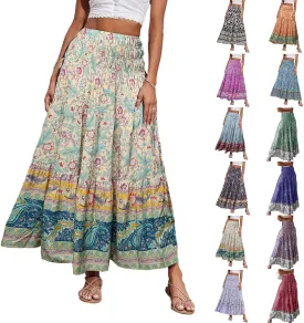 Womens Boho Maxi Skirt Summer Floral Print Flowy Long Skirts Trendy Smocked High Waisted Tiered Maxi Skirts