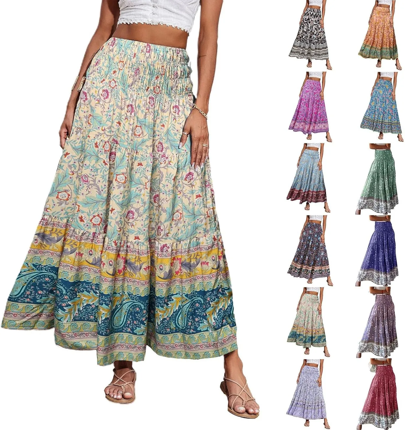 Womens Boho Maxi Skirt Summer Floral Print Flowy Long Skirts Trendy Smocked High Waisted Tiered Maxi Skirts