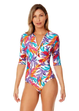 Women's Dance Floor Palm Half Zip Front Rash Guard One Piece Swimsuit