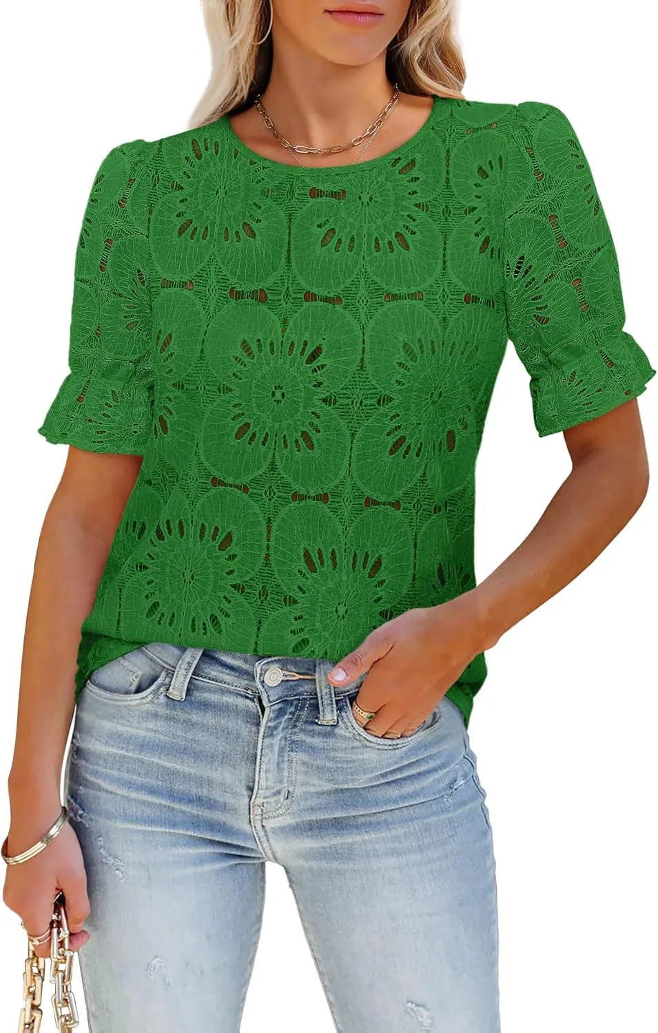 Women's Eyelet Tops Puff Short Sleeve Blouses Dressy Casual Cute Hollow Out Crochet Lace Embroidered Summer Shirts