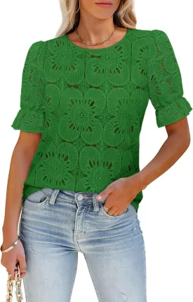 Women's Eyelet Tops Puff Short Sleeve Blouses Dressy Casual Cute Hollow Out Crochet Lace Embroidered Summer Shirts