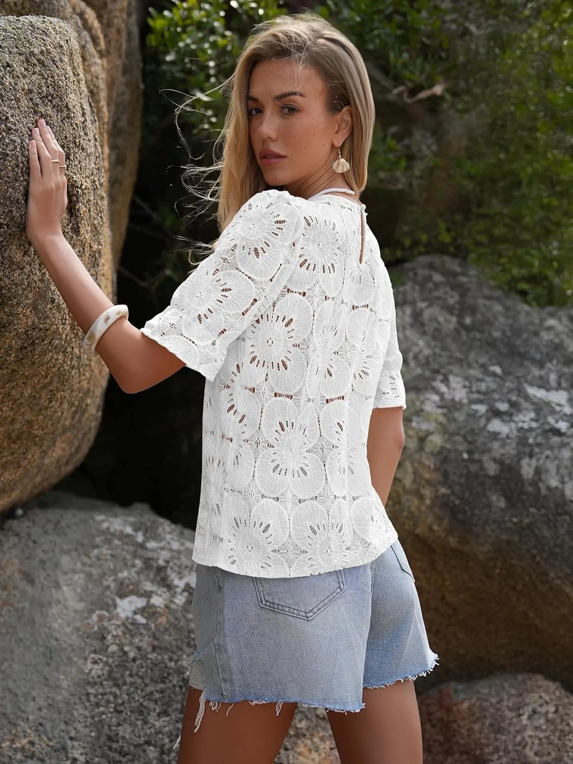 Women's Eyelet Tops Puff Short Sleeve Blouses Dressy Casual Cute Hollow Out Crochet Lace Embroidered Summer Shirts