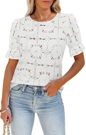 Women's Eyelet Tops Puff Short Sleeve Blouses Dressy Casual Cute Hollow Out Crochet Lace Embroidered Summer Shirts