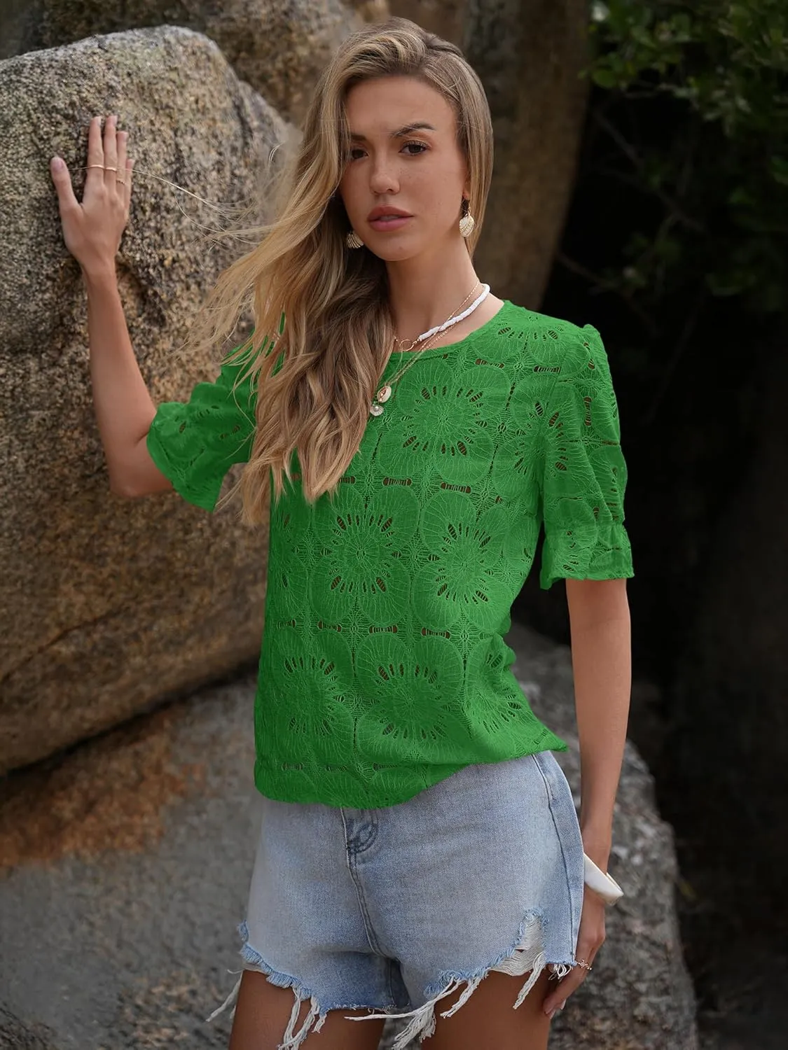 Women's Eyelet Tops Puff Short Sleeve Blouses Dressy Casual Cute Hollow Out Crochet Lace Embroidered Summer Shirts