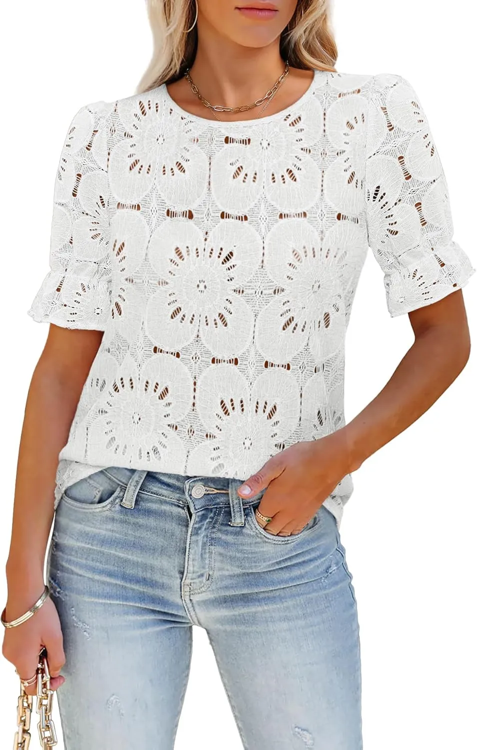 Women's Eyelet Tops Puff Short Sleeve Blouses Dressy Casual Cute Hollow Out Crochet Lace Embroidered Summer Shirts