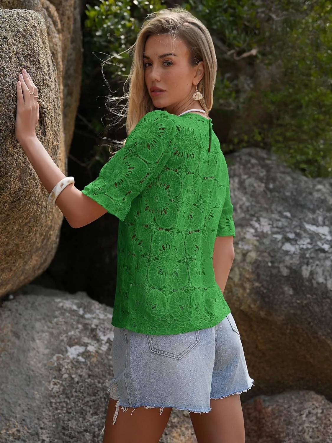 Women's Eyelet Tops Puff Short Sleeve Blouses Dressy Casual Cute Hollow Out Crochet Lace Embroidered Summer Shirts