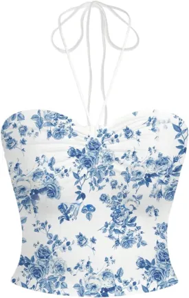 Women's Floral Print Halter Top Sweetheart Neck Ruched Tie Back Slim Fit Crop Tops