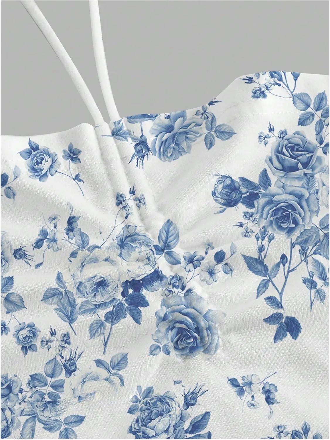 Women's Floral Print Halter Top Sweetheart Neck Ruched Tie Back Slim Fit Crop Tops