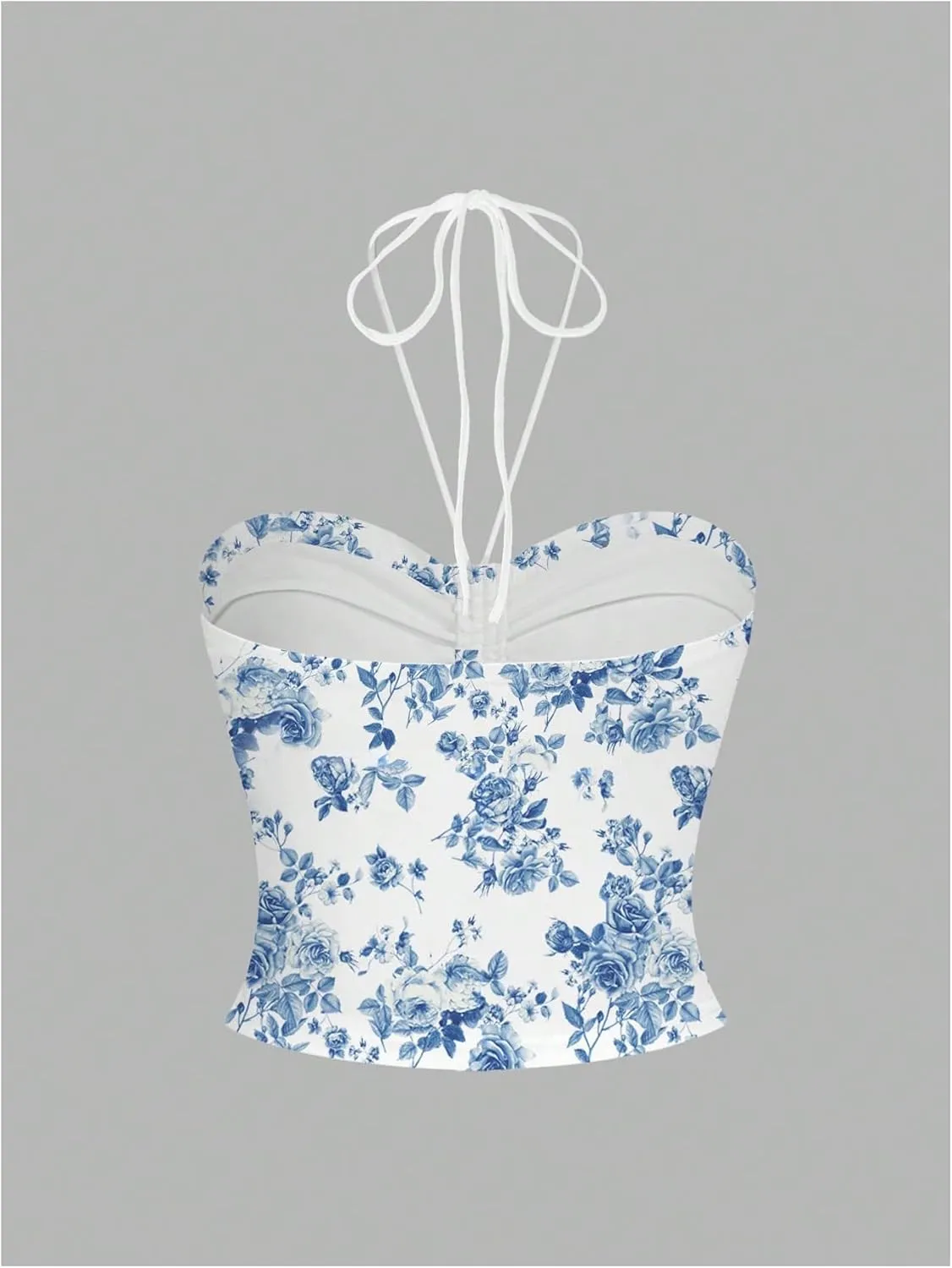 Women's Floral Print Halter Top Sweetheart Neck Ruched Tie Back Slim Fit Crop Tops