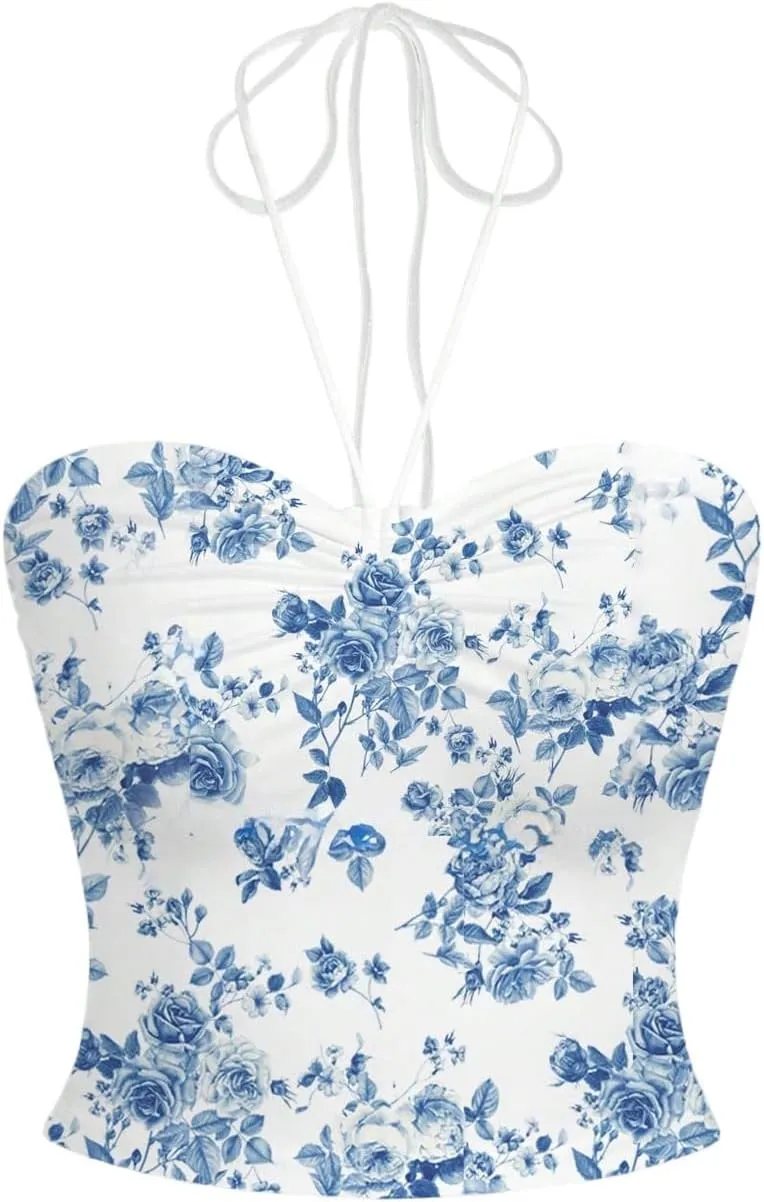 Women's Floral Print Halter Top Sweetheart Neck Ruched Tie Back Slim Fit Crop Tops
