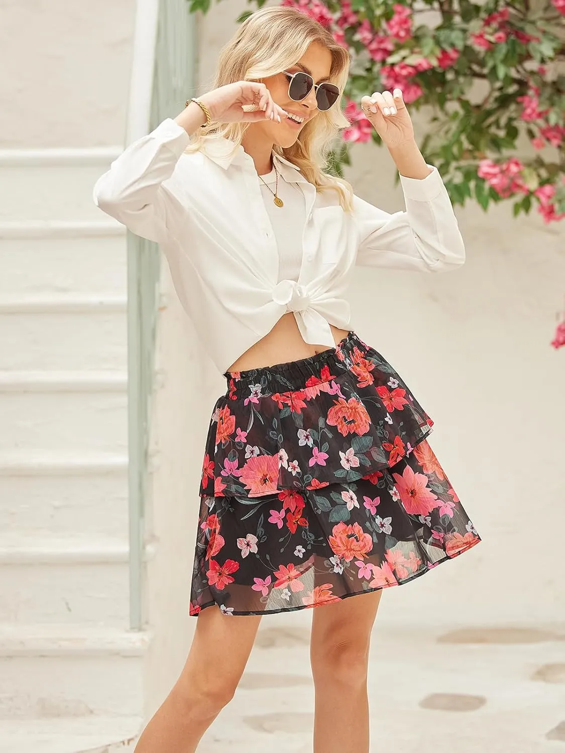 Womens Flowy Shorts Floral Boho Casual Ruffle Skorts High Waist Summer Tennis Running Mini Skirts Chiffon Shorts