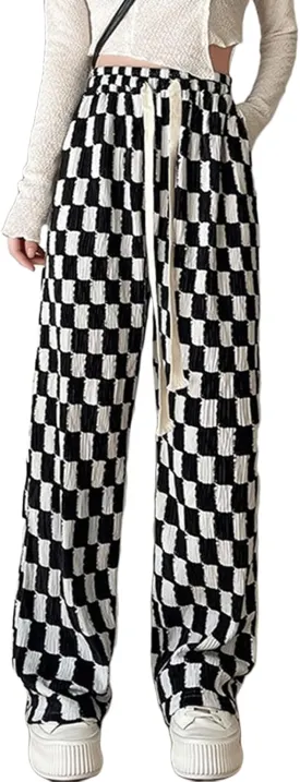 Women's Gingham High Waisted Y2K Checkered Wide Leg Pants - Plaid Boxer Casual Trousers With Pockets
