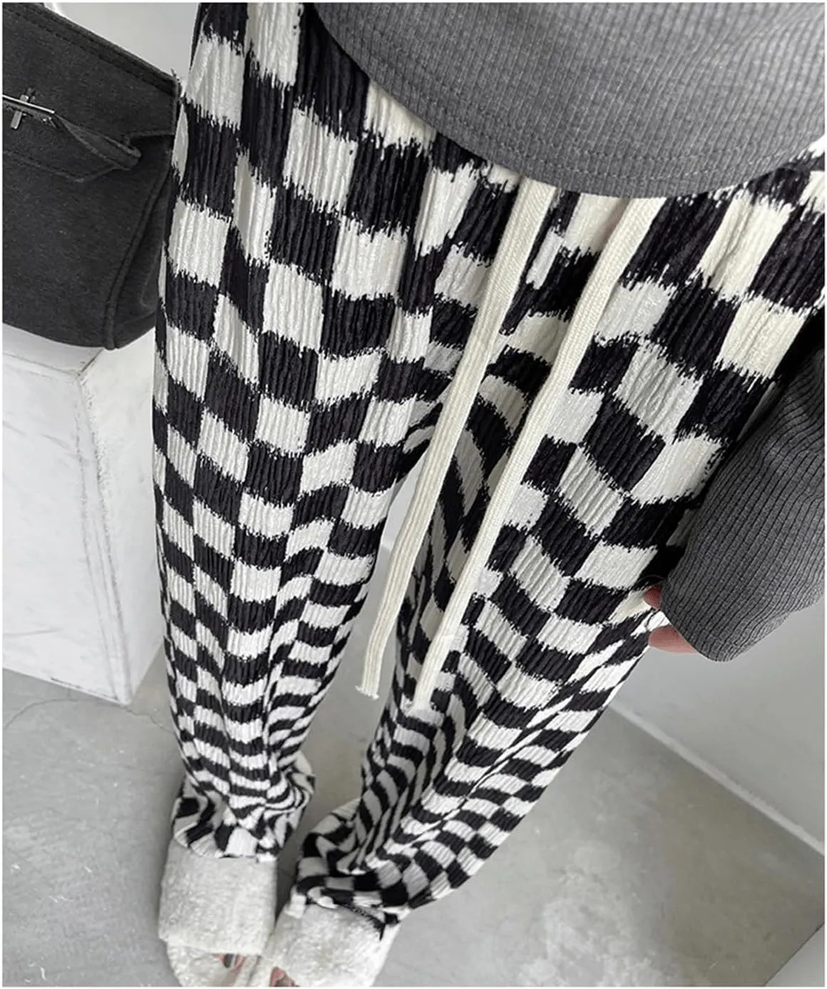Women's Gingham High Waisted Y2K Checkered Wide Leg Pants - Plaid Boxer Casual Trousers With Pockets