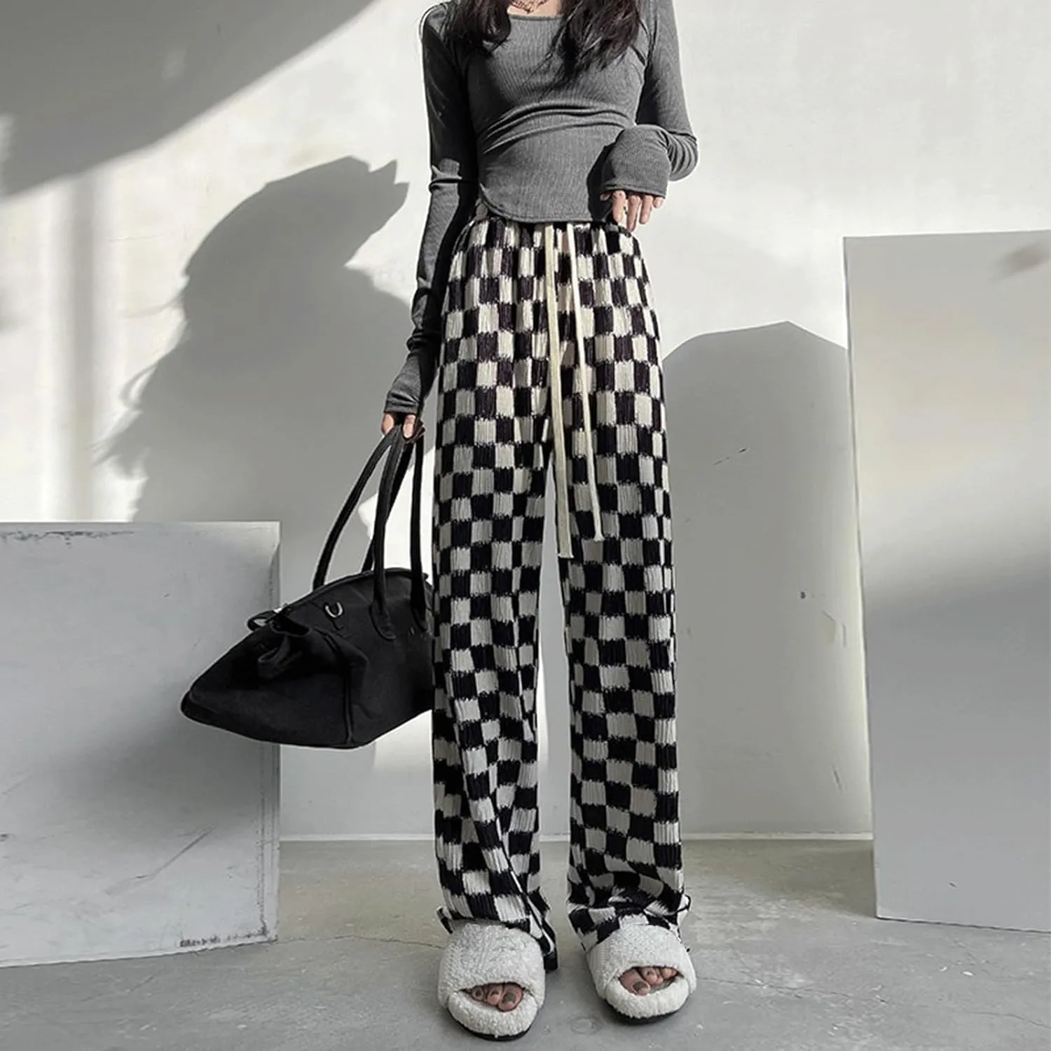 Women's Gingham High Waisted Y2K Checkered Wide Leg Pants - Plaid Boxer Casual Trousers With Pockets