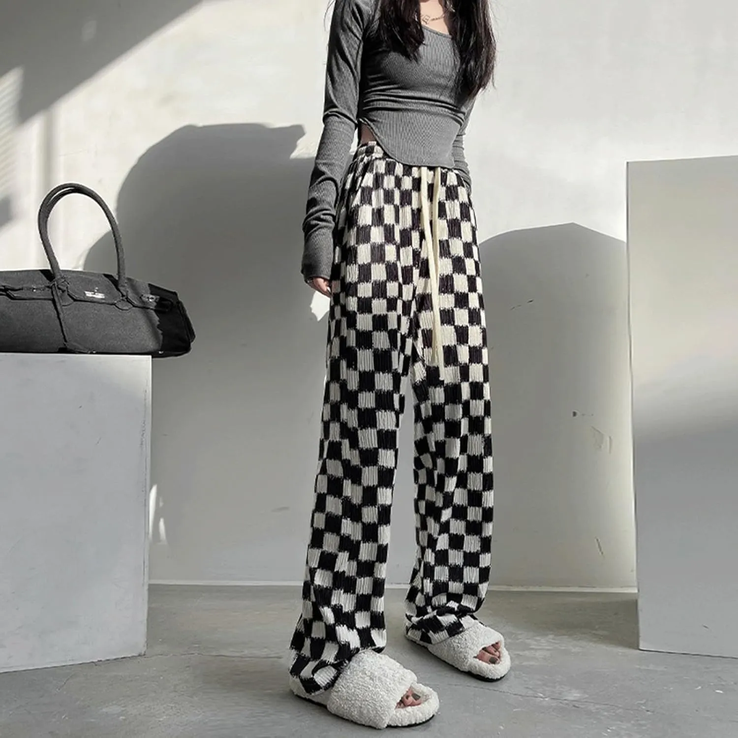Women's Gingham High Waisted Y2K Checkered Wide Leg Pants - Plaid Boxer Casual Trousers With Pockets