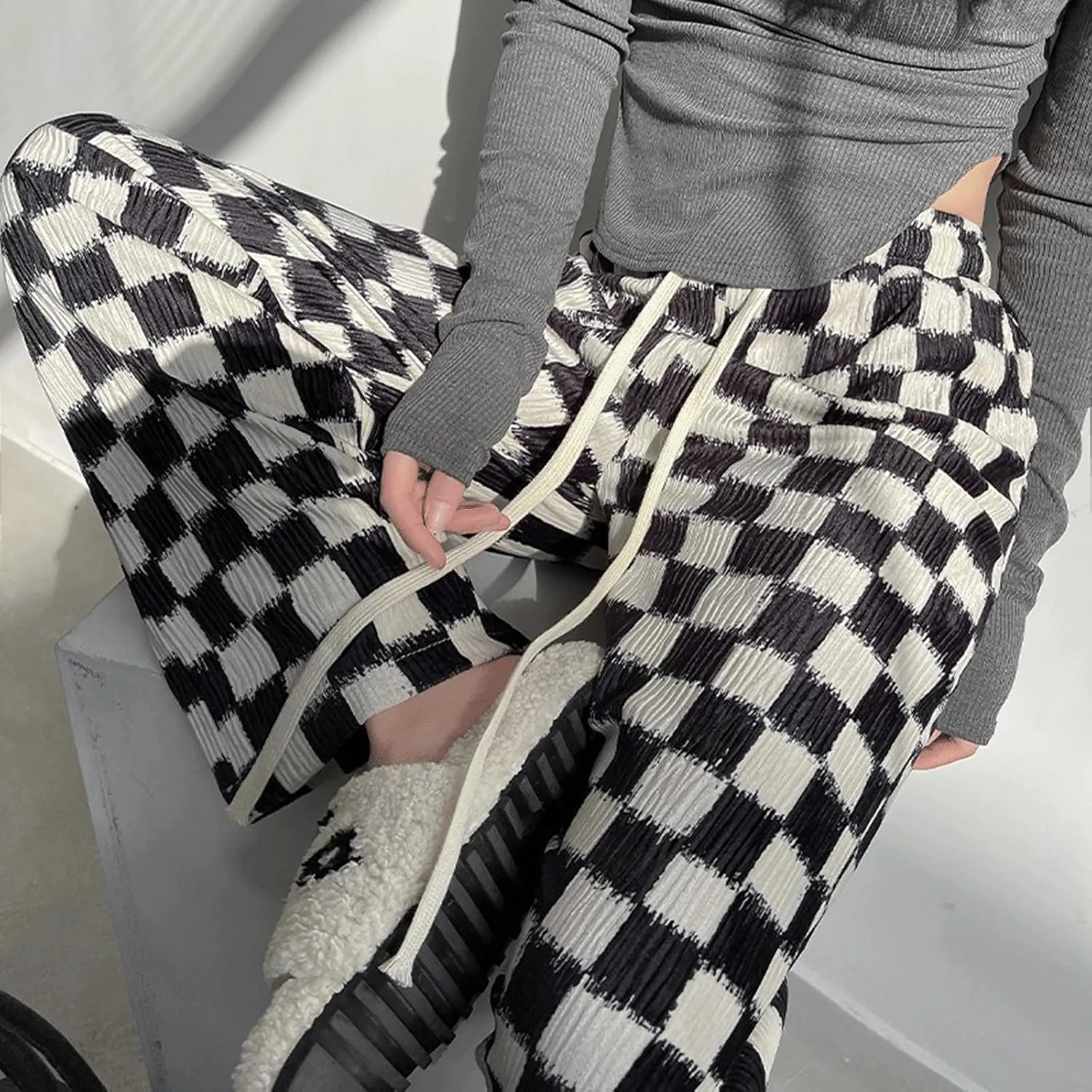 Women's Gingham High Waisted Y2K Checkered Wide Leg Pants - Plaid Boxer Casual Trousers With Pockets