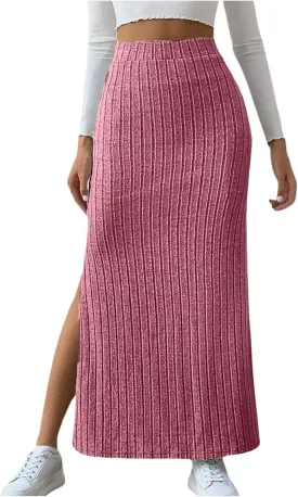 Women's High Waist Stretchy Rib Knit Split Slit Hem Midi Pencil Skirt Pleated Skirt with Stripe