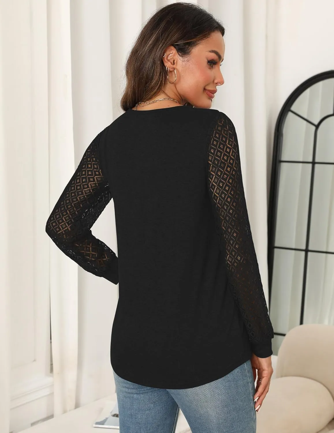 Womens Lace Long Sleeve Shirts Dressy Causal Work Blouses Flowy Tunic Tops Summer Trendy Business Outfits