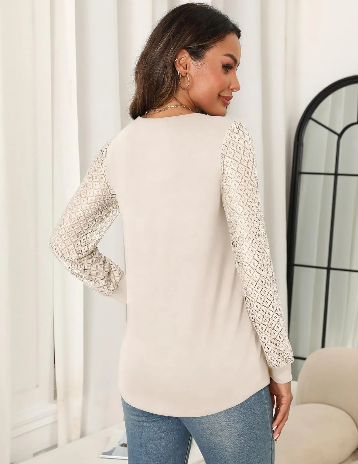 Womens Lace Long Sleeve Shirts Dressy Causal Work Blouses Flowy Tunic Tops Summer Trendy Business Outfits