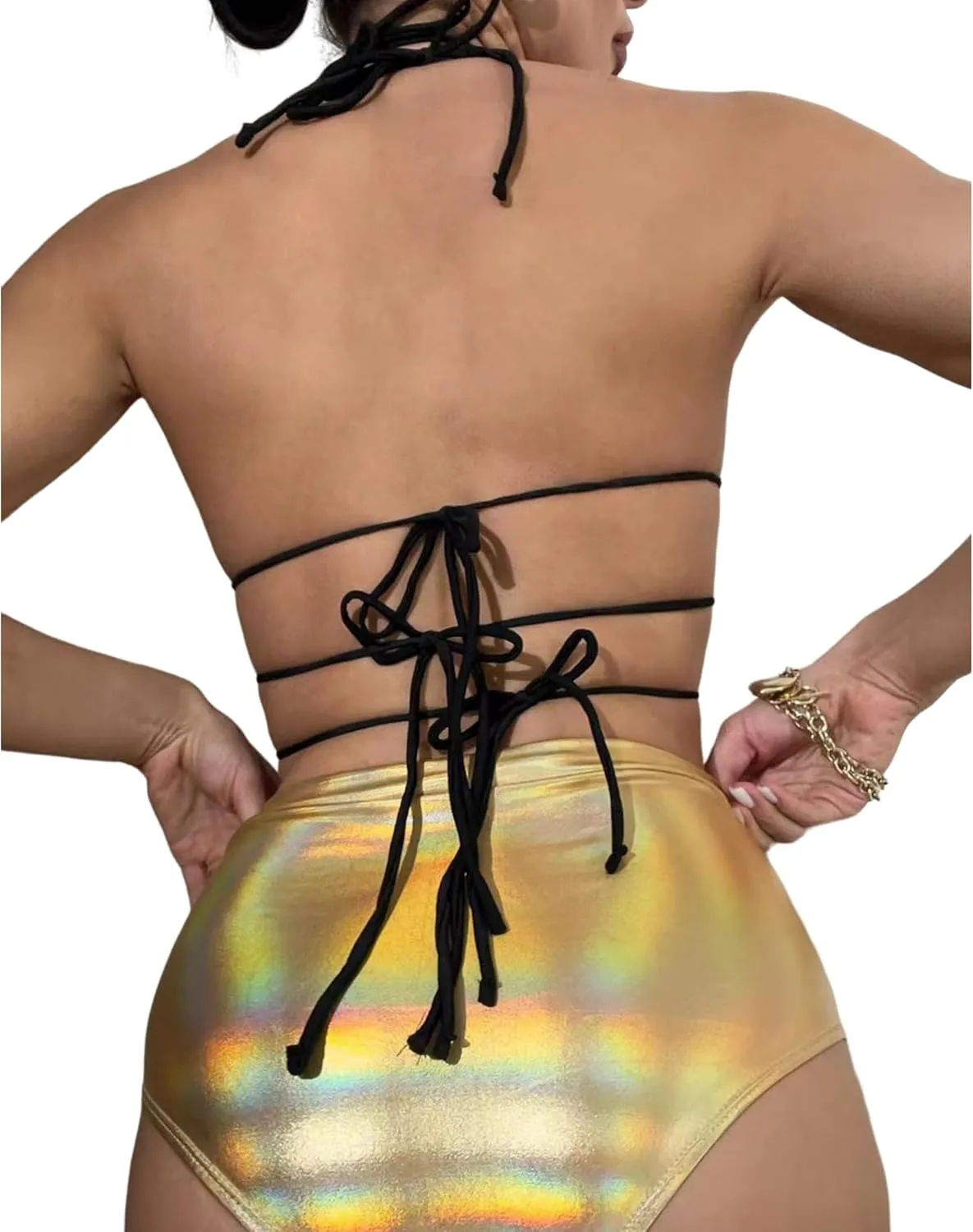 Women's Metallic Holographic Star Bra Crop Top Lace Up Halter Bralette Bandeau Camisole