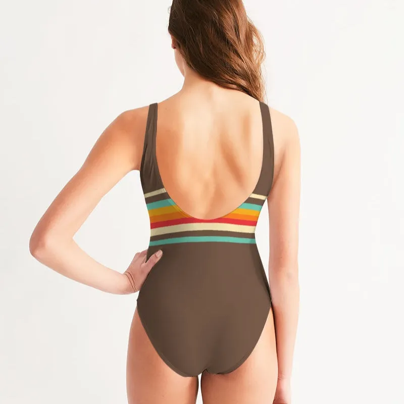 Women's One-Piece Swimsuit,Vintage 70s Stripe - Brown
