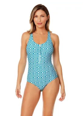 Women's Ripple Geo Scoop Neck Zip Front Racerback One Piece Swimsuit