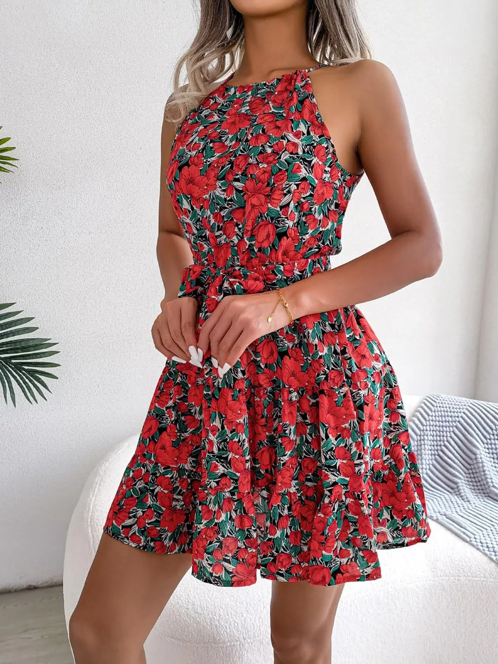 Women's Summer Dress Casual Halter Neck Sleeveless A Line Ruffle Dresses Party Beach Sun Dress
