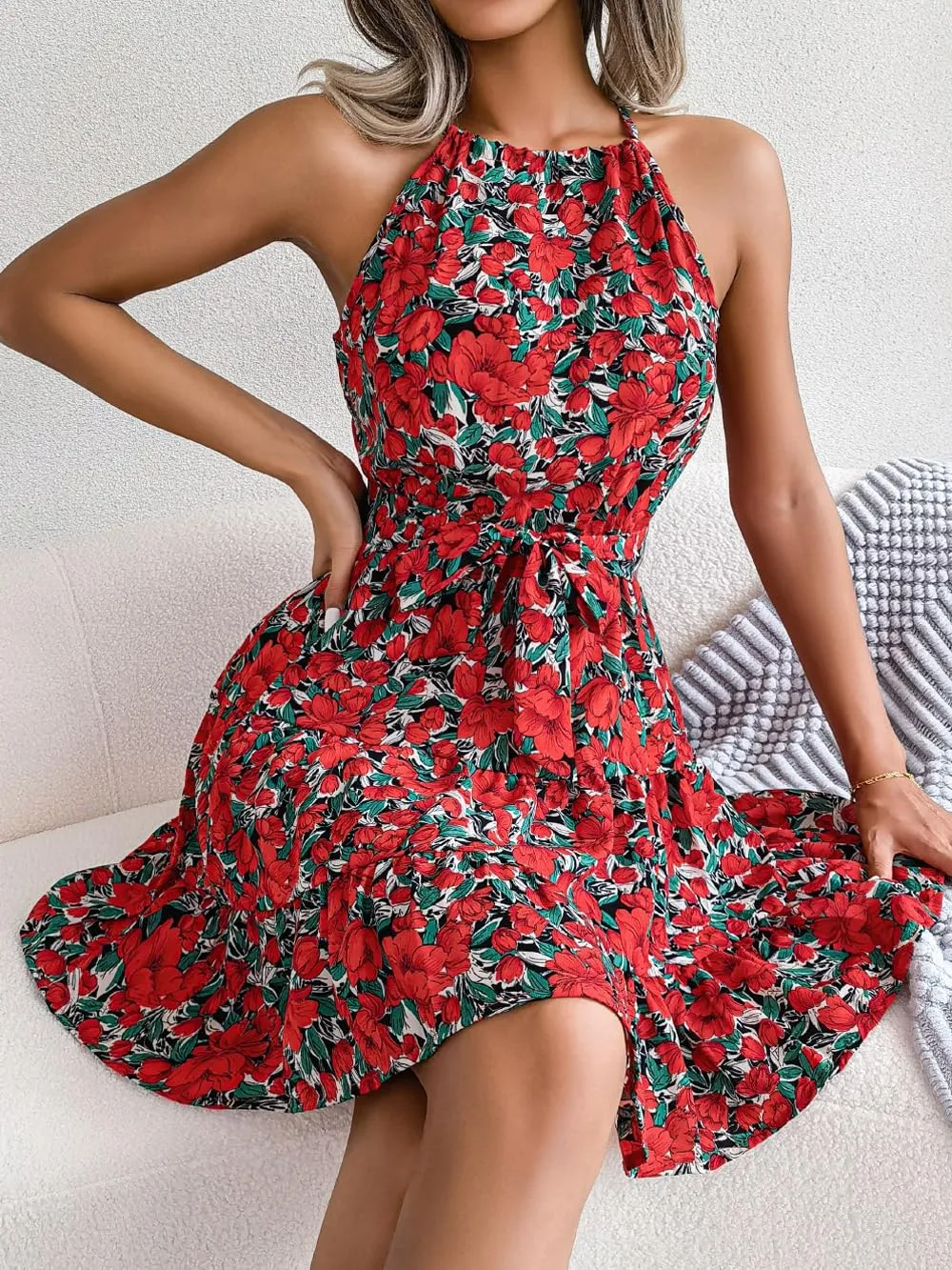 Women's Summer Dress Casual Halter Neck Sleeveless A Line Ruffle Dresses Party Beach Sun Dress