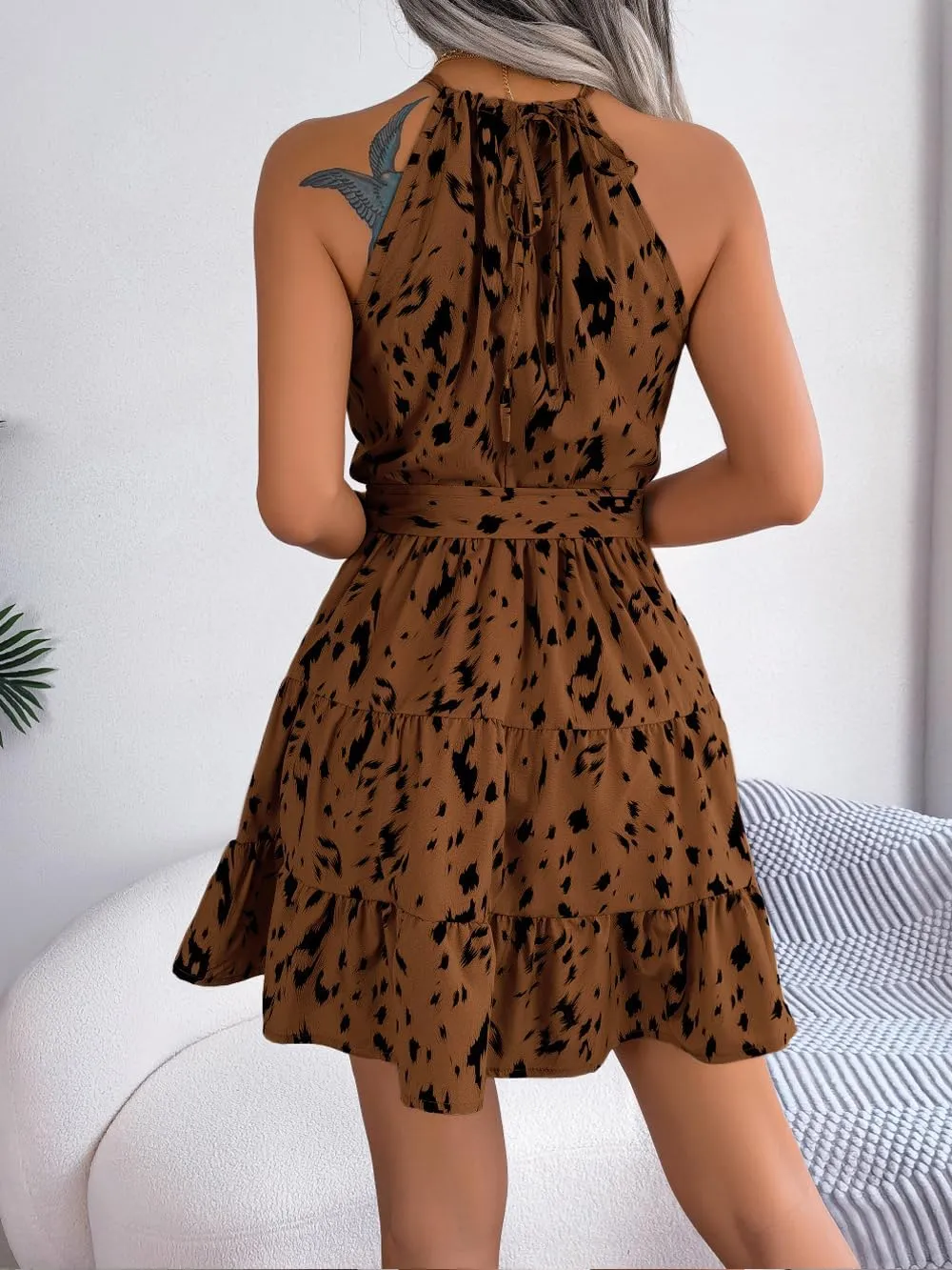 Women's Summer Dress Casual Halter Neck Sleeveless A Line Ruffle Dresses Party Beach Sun Dress