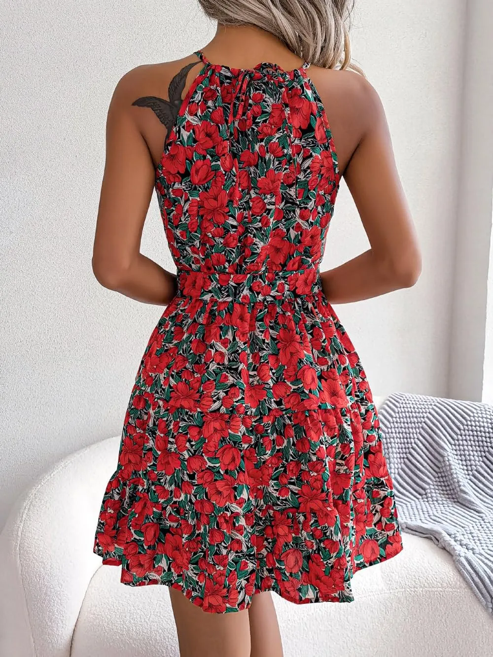 Women's Summer Dress Casual Halter Neck Sleeveless A Line Ruffle Dresses Party Beach Sun Dress