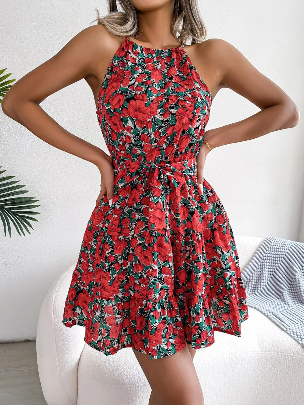 Women's Summer Dress Casual Halter Neck Sleeveless A Line Ruffle Dresses Party Beach Sun Dress