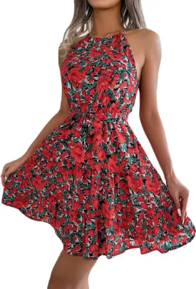 Women's Summer Dress Casual Halter Neck Sleeveless A Line Ruffle Dresses Party Beach Sun Dress