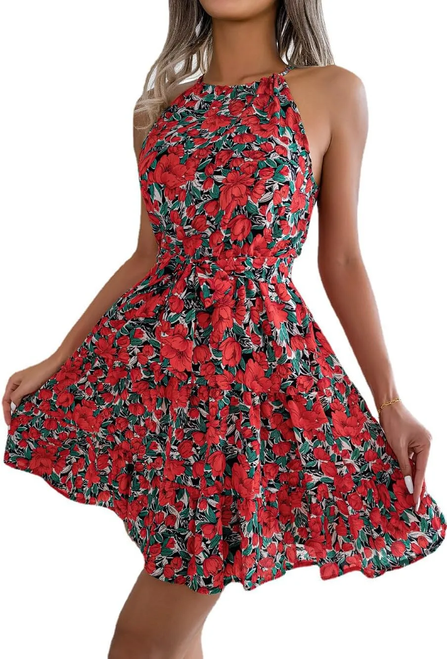 Women's Summer Dress Casual Halter Neck Sleeveless A Line Ruffle Dresses Party Beach Sun Dress