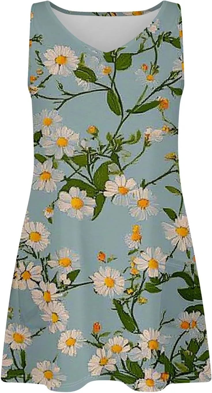 Women's Summer Dresses 2025 Printed Swimsuit Coverup Beach Vacation Sundress Sleeveless Casual Dress with Pocket