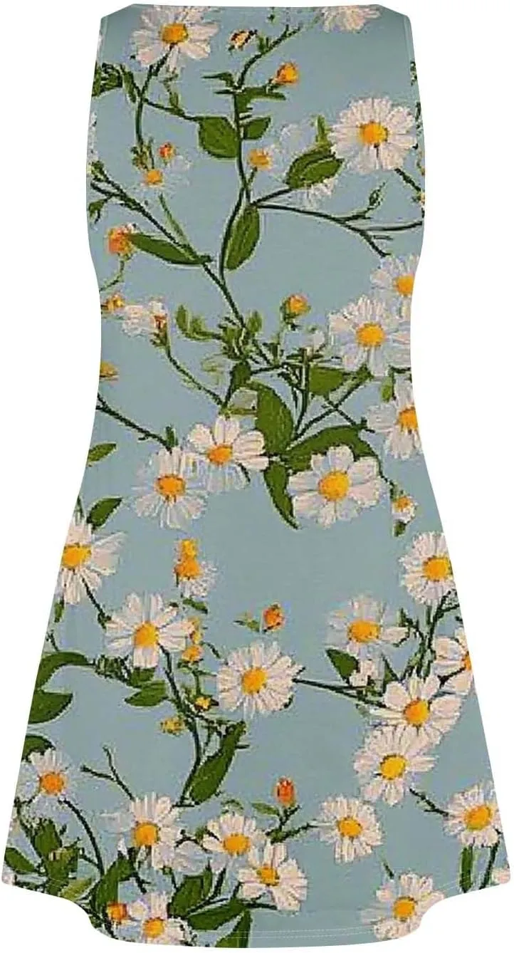 Women's Summer Dresses 2025 Printed Swimsuit Coverup Beach Vacation Sundress Sleeveless Casual Dress with Pocket