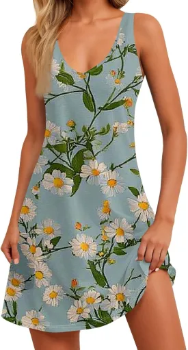 Women's Summer Dresses 2025 Printed Swimsuit Coverup Beach Vacation Sundress Sleeveless Casual Dress with Pocket
