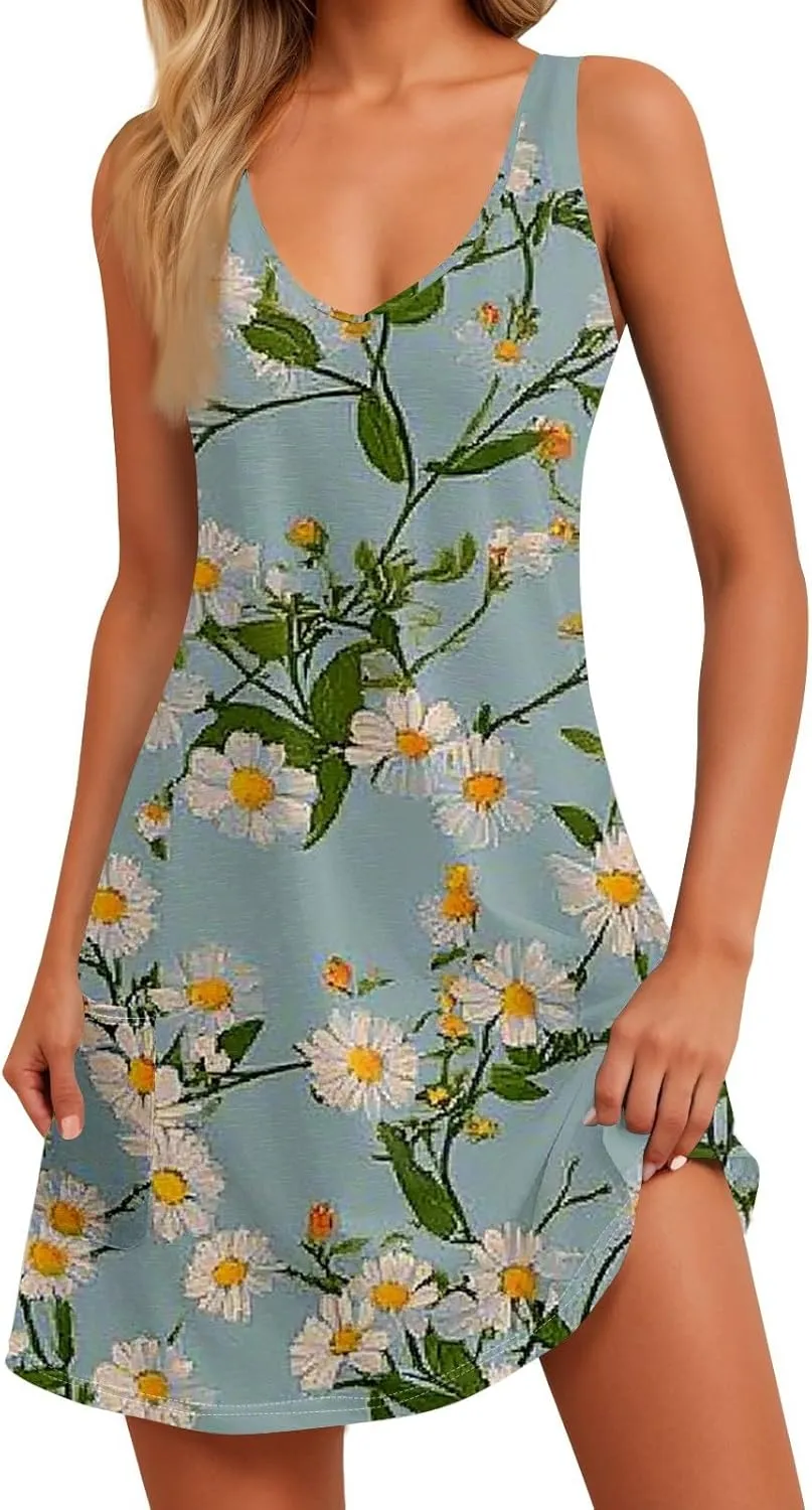 Women's Summer Dresses 2025 Printed Swimsuit Coverup Beach Vacation Sundress Sleeveless Casual Dress with Pocket