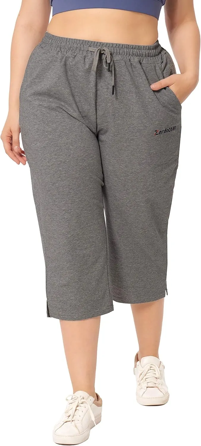 ZERDOCEAN Women's Plus Size Active Yoga Lounge Indoor Jersey Capri Walking Crop Pants with Pockets Drawstring